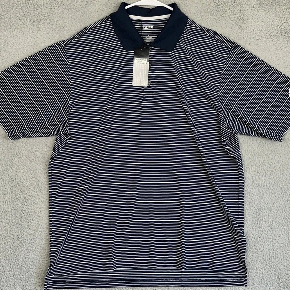 NEW Adidas Golf Polo Shirt Mens XL Navy White Stripe Climalite Performance Rugby